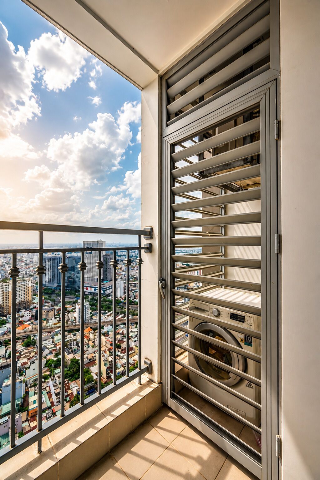 A balcony with a metal railing, a view of a cityscape, and a laundry room with stacked laundry baskets.