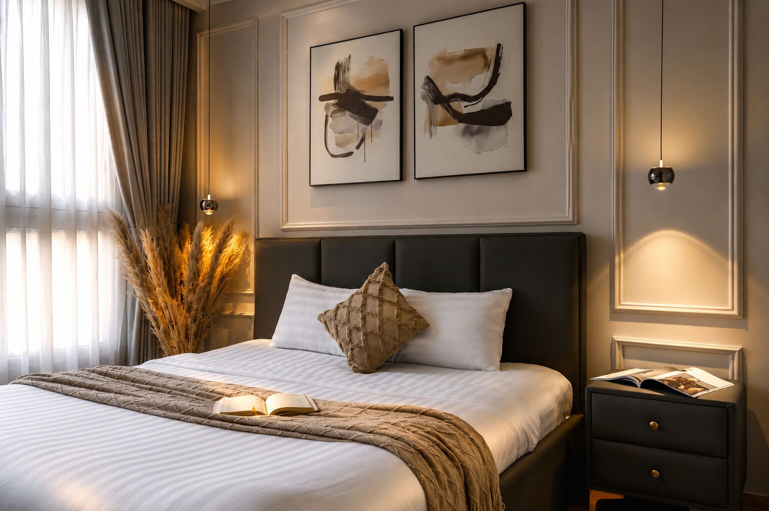 A neatly made bed with a book, a bedside table with a lamp, and two abstract paintings on the wall.
