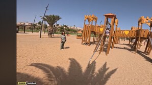 A playground with a slide and climbing structures, surrounded by palm trees and buildings in the background.