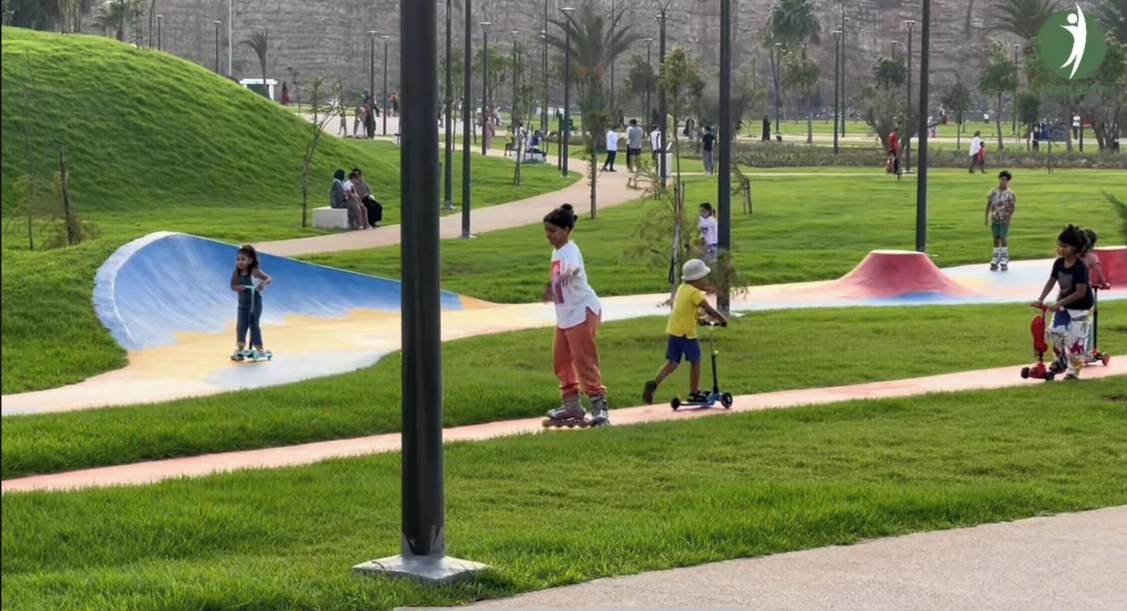 Un parque con una rampa para patinar, senderos peatonales y césped verde.