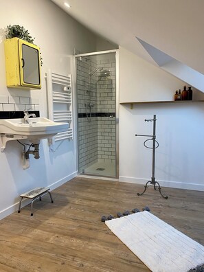 Shower, hair dryer, towels, soap