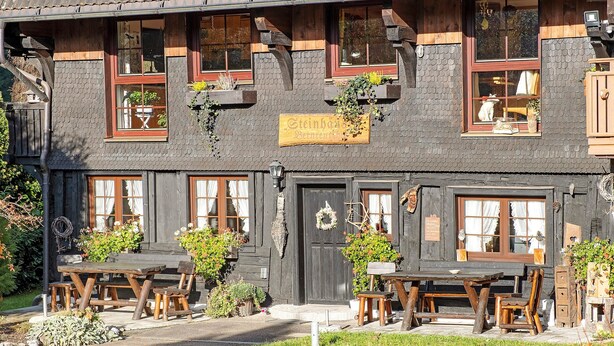 Ein traditionelles Holzgebäude mit einem Schild, auf dem 'Steinbau Restaurant' steht, mit Außenbestuhlung, Holztischen und -stühlen sowie Kübelpflanzen.