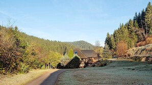 Eine ländliche Straße führt zu einem traditionellen Steinhaus mit geneigtem Dach, umgeben von dichtem Wald und Hügeln.