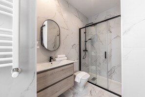 Shower, hair dryer, towels