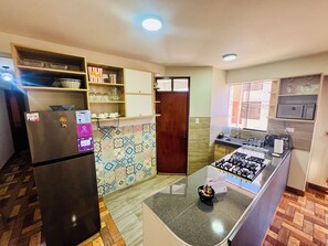 Kühlschrank, Mikrowelle, Herdplatte, Wasserkocher mit Kaffee-/Teezubehör