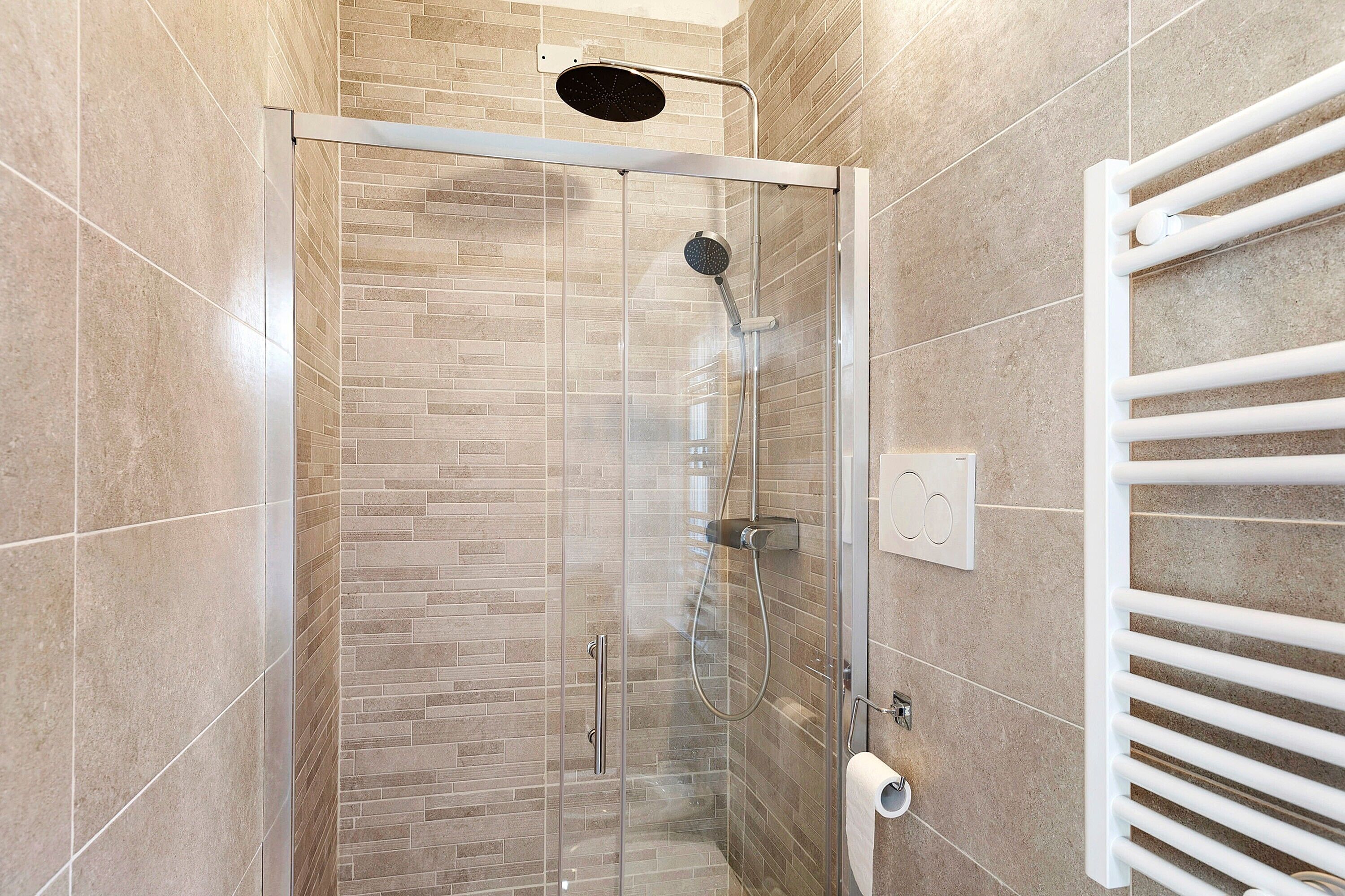 Shower, hair dryer, towels