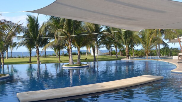 En swimmingpool med en poolterrasse omgivet af palmer og udsigt til havet.