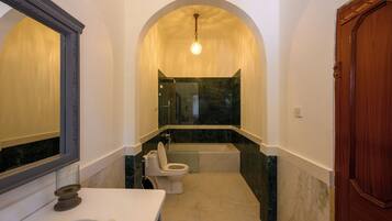 Superior Double Room, Pool View | Bathroom | Hair dryer, towels, soap, shampoo