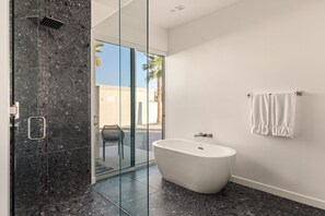 Shower, hair dryer, towels