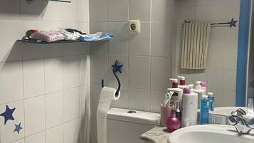 Hair dryer, towels, soap, toilet paper