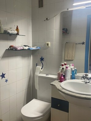 Hiustenkuivaaja, pyyhkeet, saippua, vessapaperi