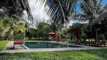 Una piscina al aire libre, sombrillas, sillones reclinables de piscina
