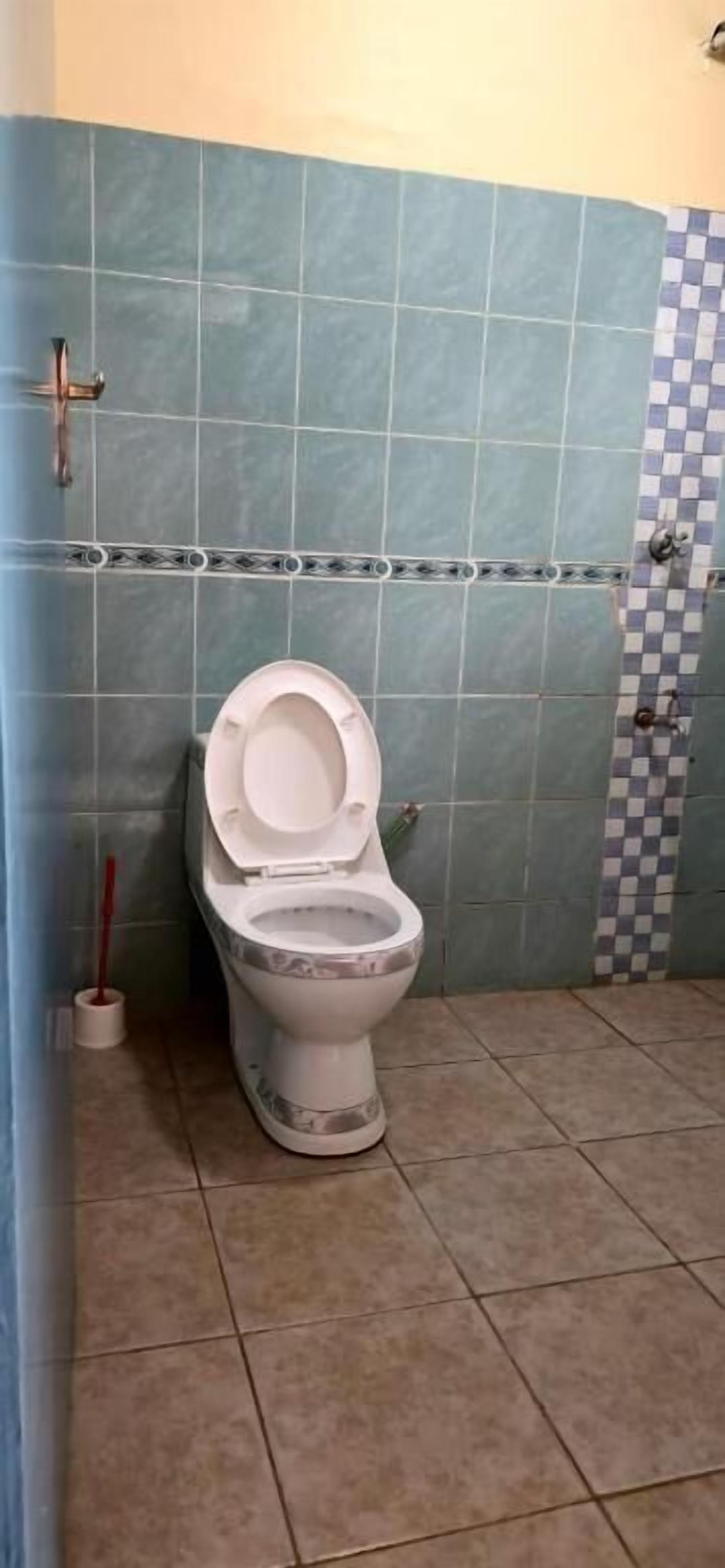 A bathroom with a toilet, a hand dryer, and a checkered tile pattern on the wall.
