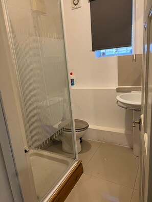 Chuveiro, secador de cabelo, toalhas de banho, shampoo