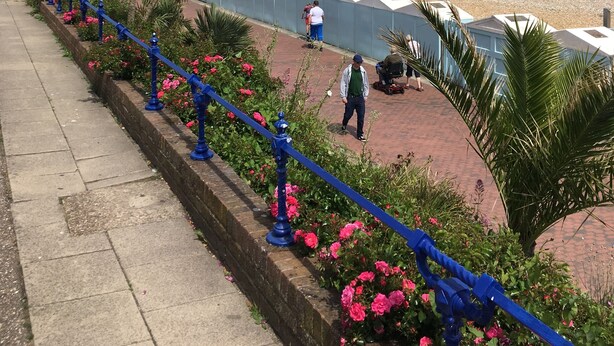 Un paseo marítimo con barandilla azul, un muelle y una playa.