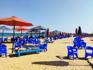 Une plage bordée de rangées de chaises en plastique bleues et de parasols rouges.