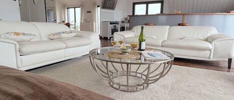 Télévision, cheminée, table de tennis de table, livres