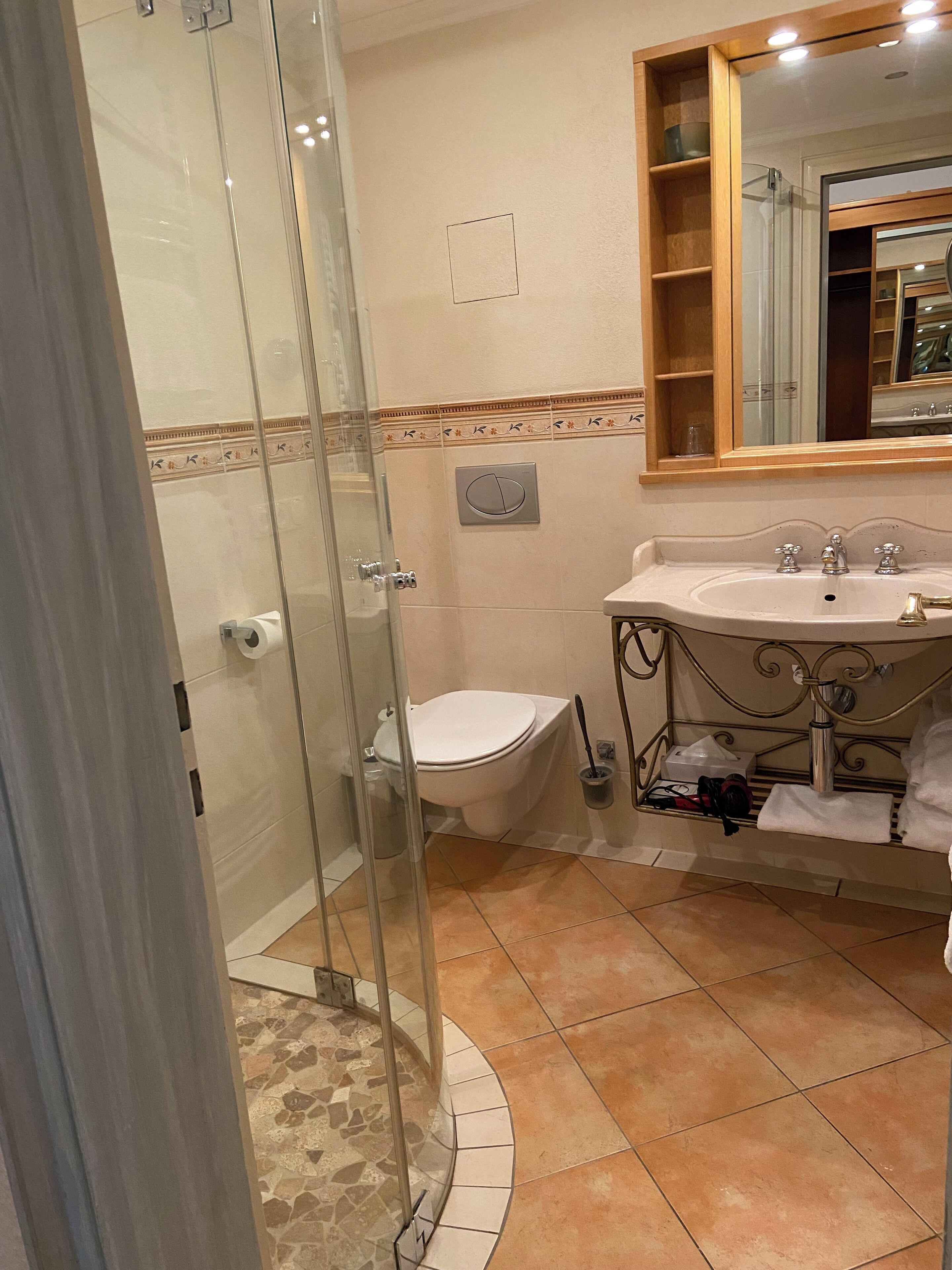 A bathroom with a glass shower enclosure, a toilet, a sink with a vanity, and a mirror above the sink.
