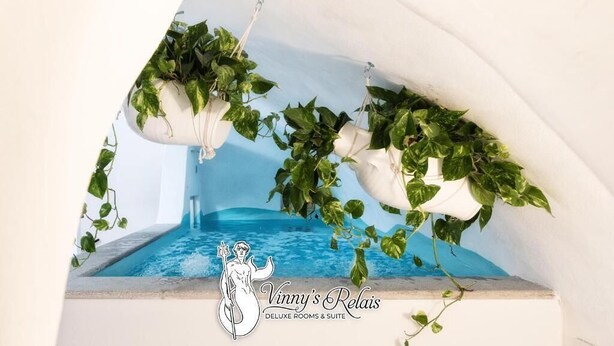 A pool area with hanging planters and a logo for Vinny's Relais Deluxe Rooms & Suite. - Vinny's Relais - Deluxe rooms & Suite (Vietri sul Mare)