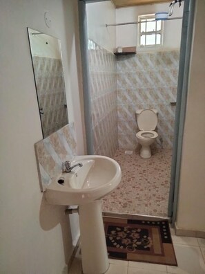 A bathroom with a white sink, a toilet, and a shower area.