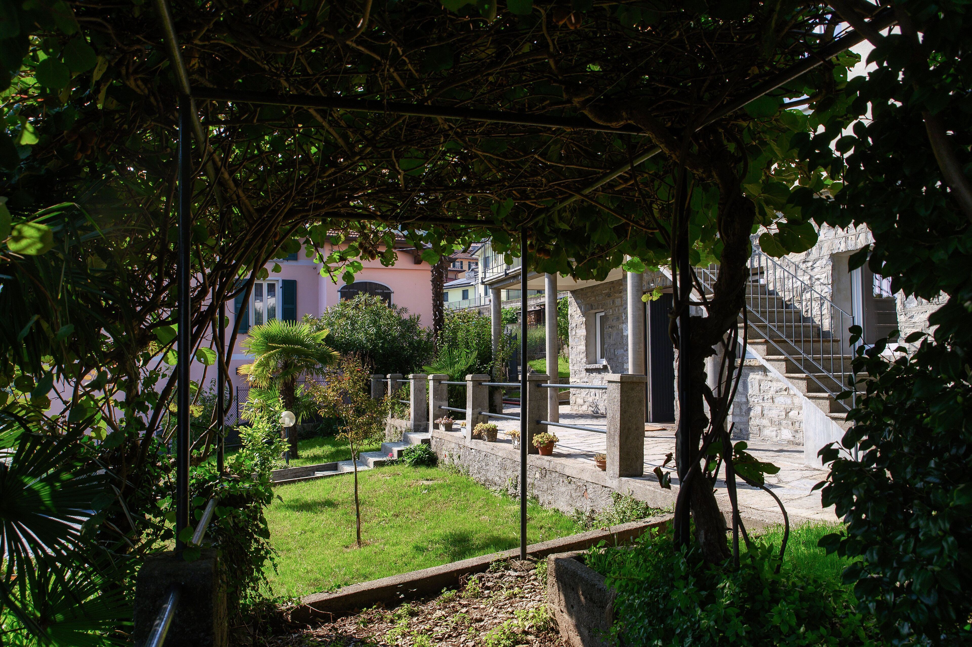 A garden with a stone staircase leading to a building.