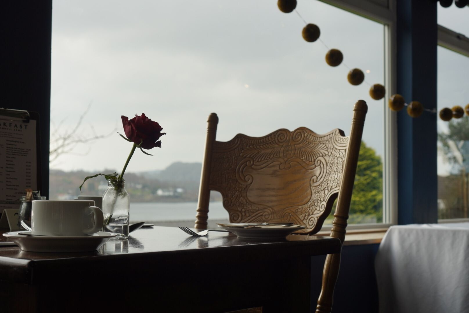 A dining table with a chair, a rose in a glass vase, a menu, and a view of a lake and mountains.