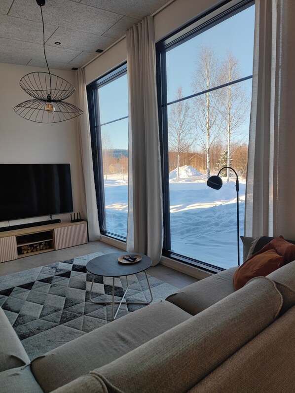 A modern living room with a large TV, a sofa, a coffee table, and a view of a snowy landscape through large windows.