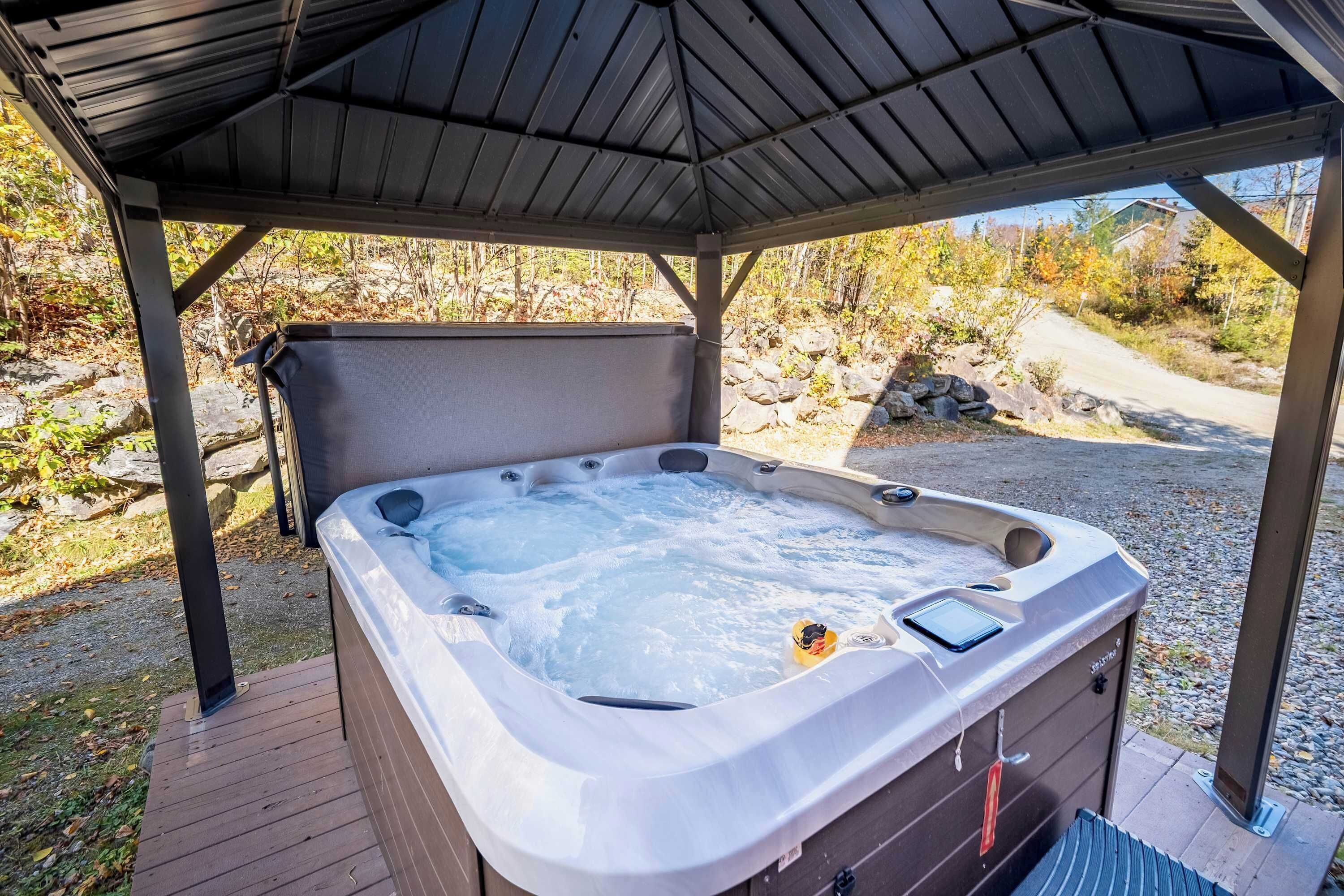 Un bain à remous situé sous un pavillon abrité, avec en arrière-plan un paysage rocheux et boisé.
