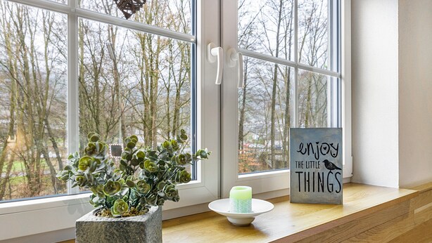 A window with a potted plant and a candle on a windowsill. - Holiday Apartment 'Amsel A, 50 sqm' with Mountain View, Private Terrace and Wi-Fi (Lennestadt- Saalhausen)