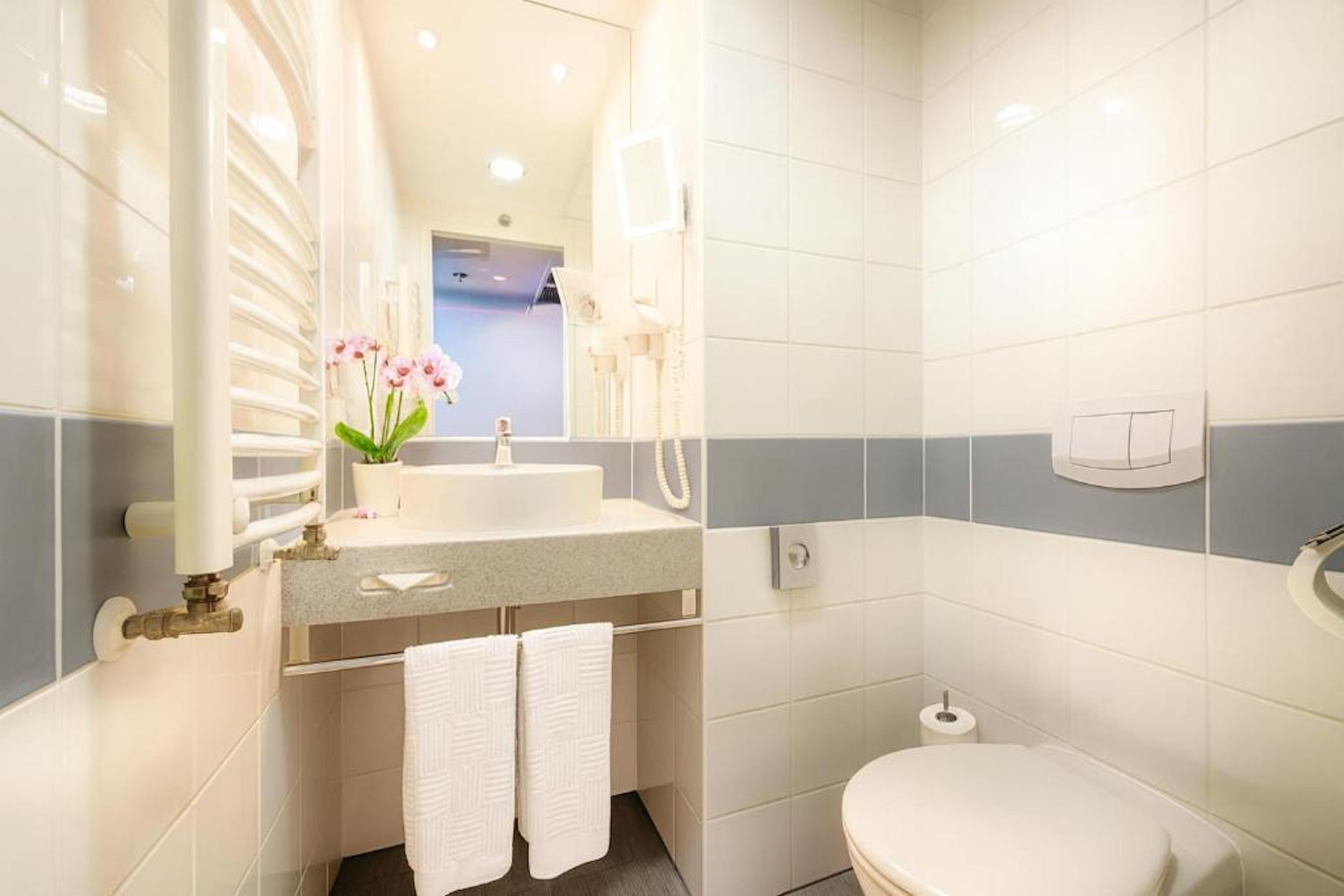 Un baño pequeño con lavamanos, espejo e inodoro.