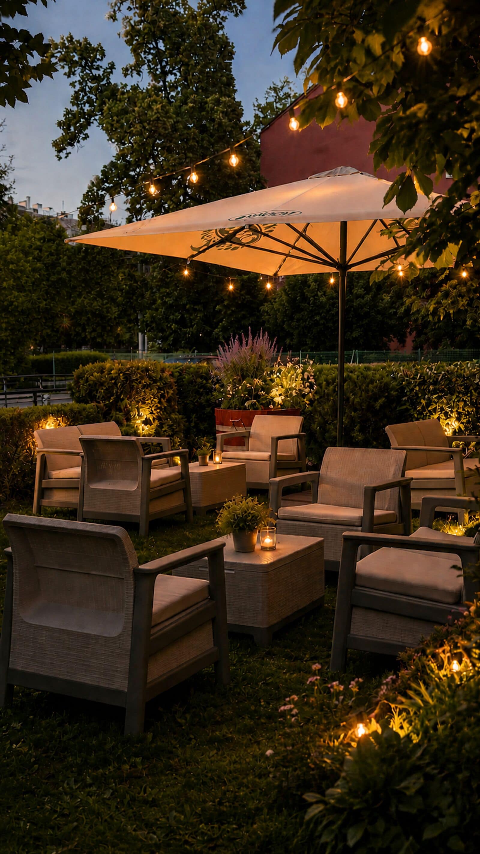 An outdoor seating area with chairs and tables, surrounded by greenery and string lights.