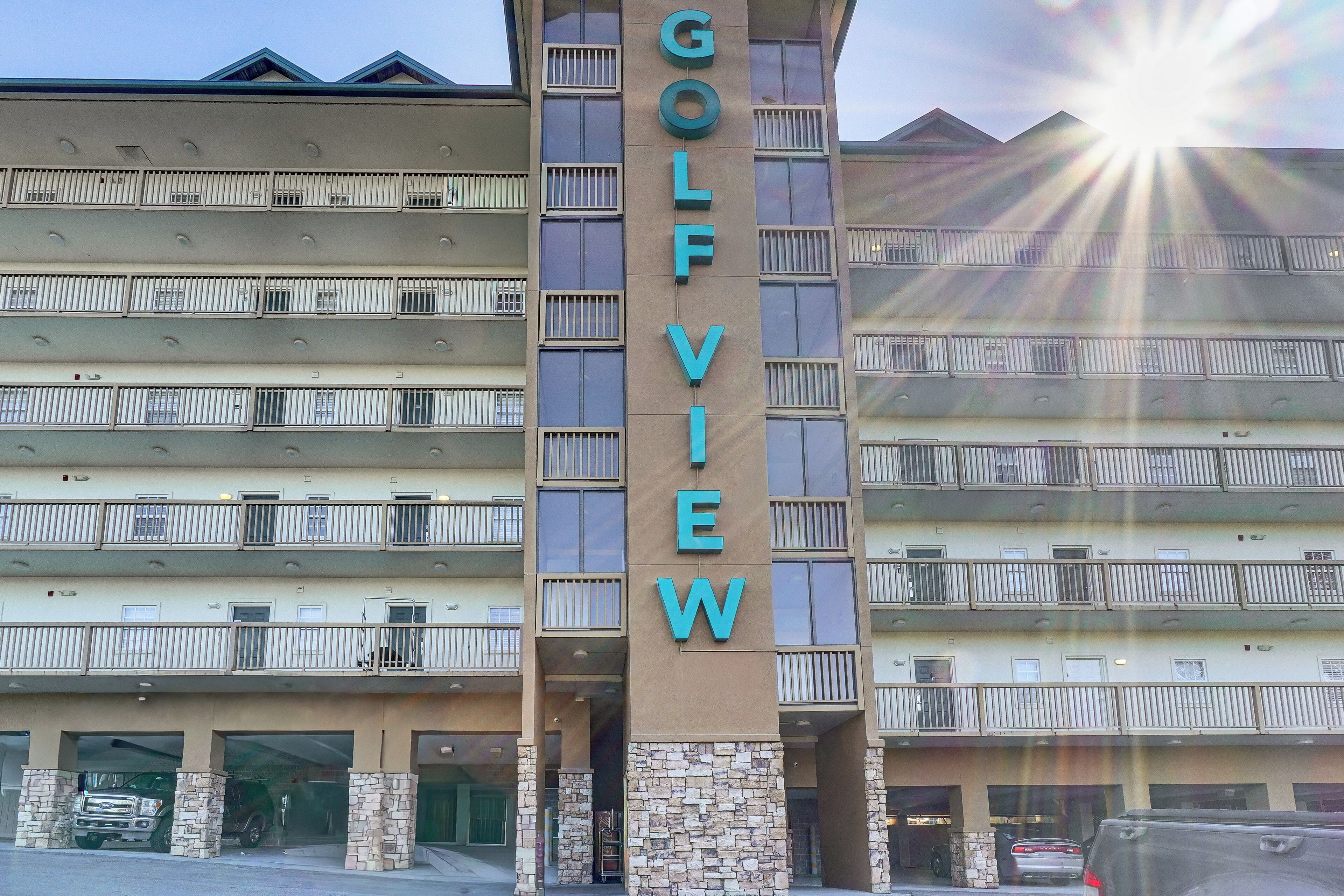 A multi-story building with a prominent sign reading "GOLFVIEW".