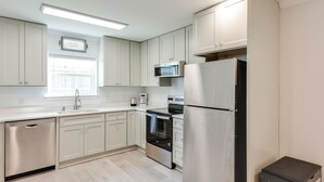 A modern kitchen with white cabinets, stainless steel appliances, and a dishwasher. - Fish, Swim & Explore: Panama City Gem w/ Boat Slip (Panama City)