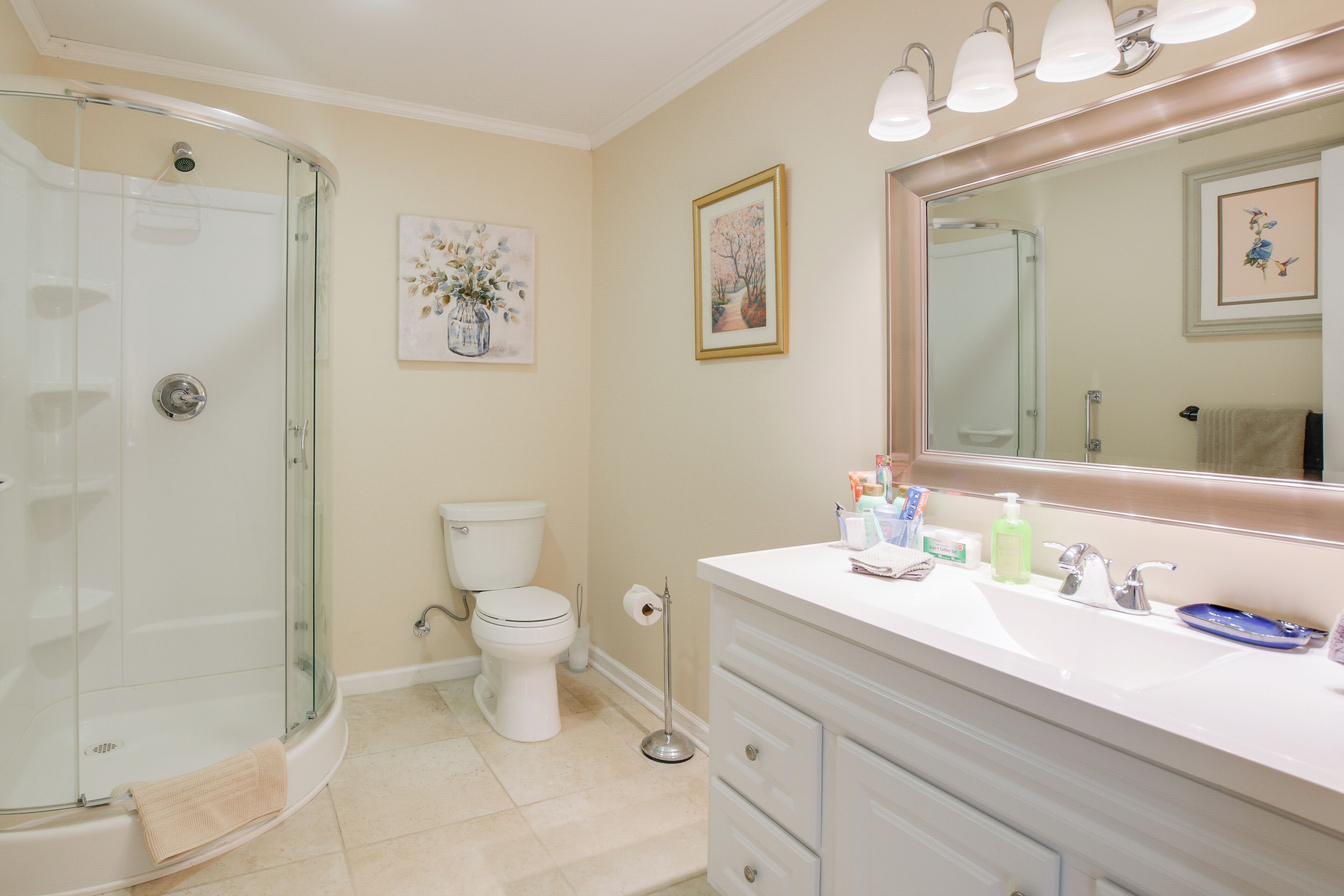 Une salle de bain avec une douche à parois de verre, des toilettes, un lavabo avec des articles de toilette et un grand miroir.