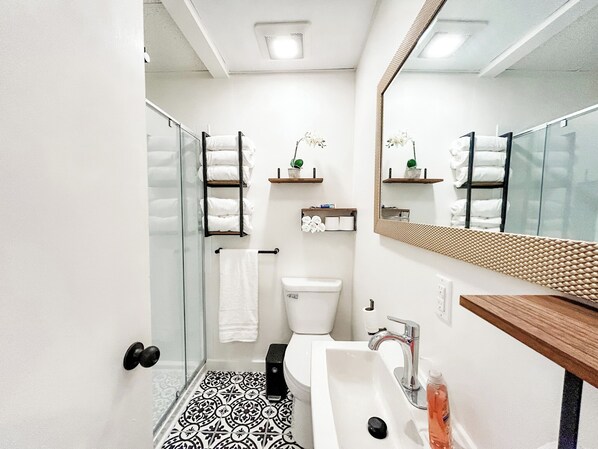 Shower, hair dryer, towels, soap