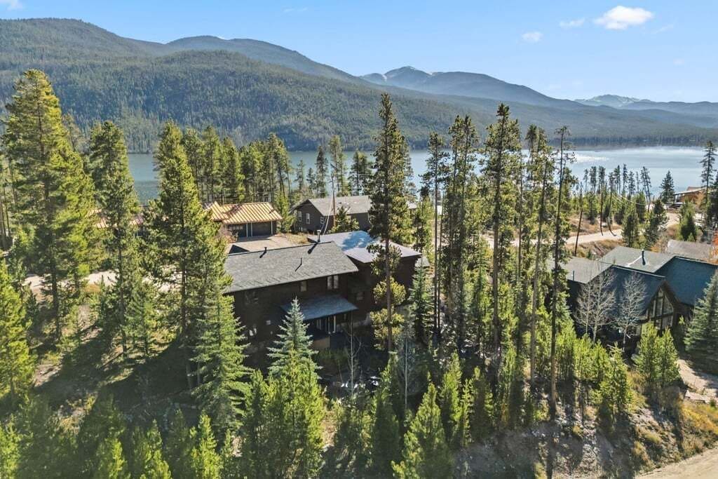 Aerial view of property nestled among towering pines with pristine lake and mountain scenery beyond.
