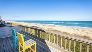 A wooden deck with chairs overlooking a beach. - Oceanfront Private Beach Access & Community Pool! (Southern Shores)