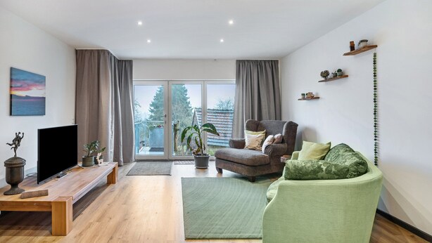 A modern living room with a flat-screen TV, a sofa, a chair, a coffee table, and a potted plant. - Studio Apartment 'Eifelzauber' with Shared Terrace, Wi-Fi and Air Conditioning (Greimerath)
