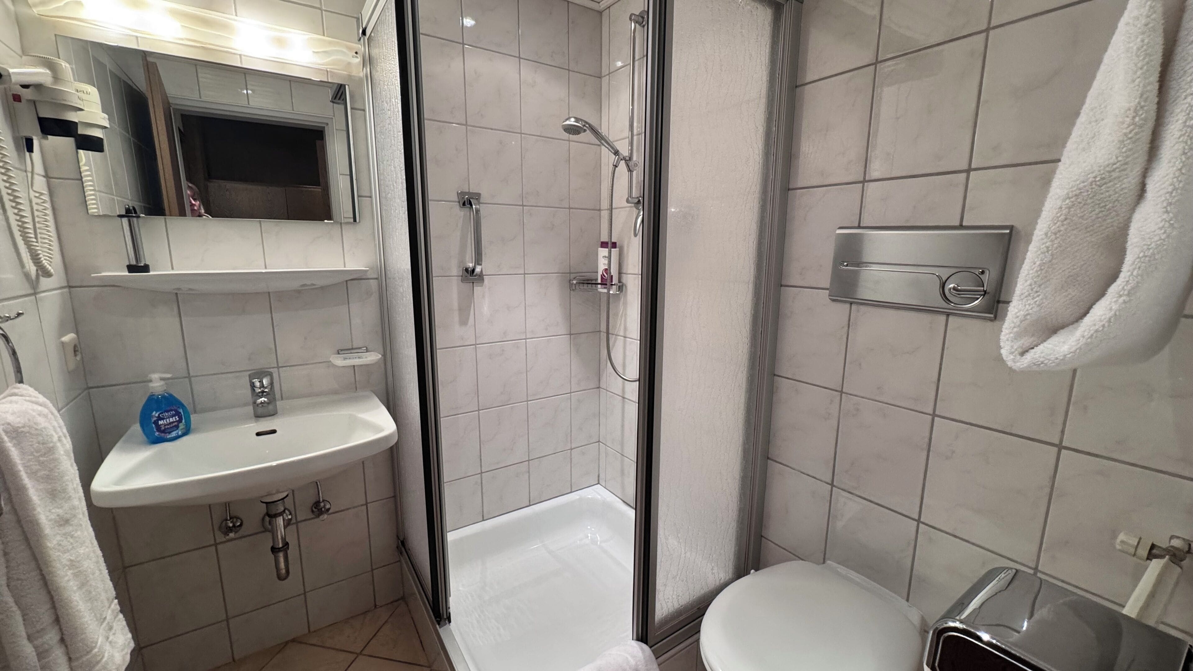 Ein modernes Badezimmer mit Waschbecken, Spiegel und Toilette in Weiß. Ein Duschbereich mit Glastrennwand und Handbrause.