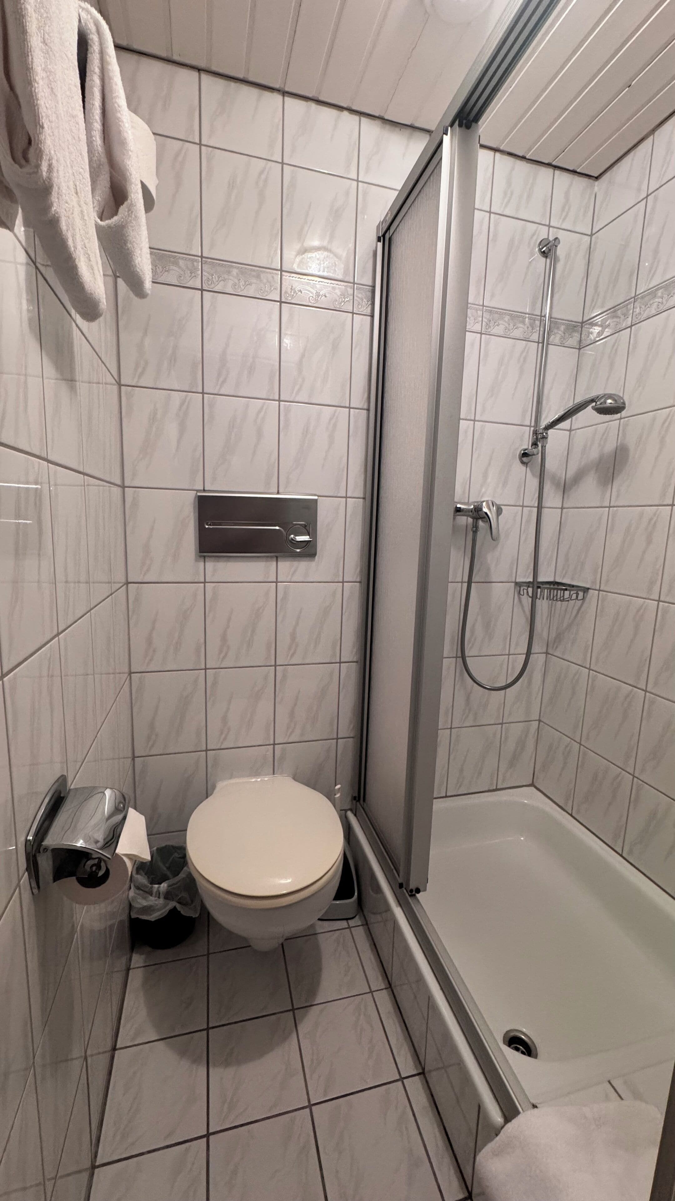 Ett badrum med toalett, dusch och handduksställ.