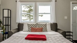A bedroom with a bed, two windows with curtains, a plant, and a metal shelf. - Elegant home away from home - Valley View (Brooklyn)