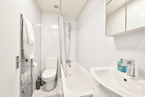 Hair dryer, towels, soap, toilet paper