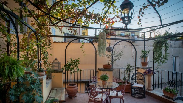 A covered outdoor patio with a round table, chairs, potted plants, and hanging plants. - La Voliera di Bacco - House with panoramic terrace in the heart of Frascati (Frascati)