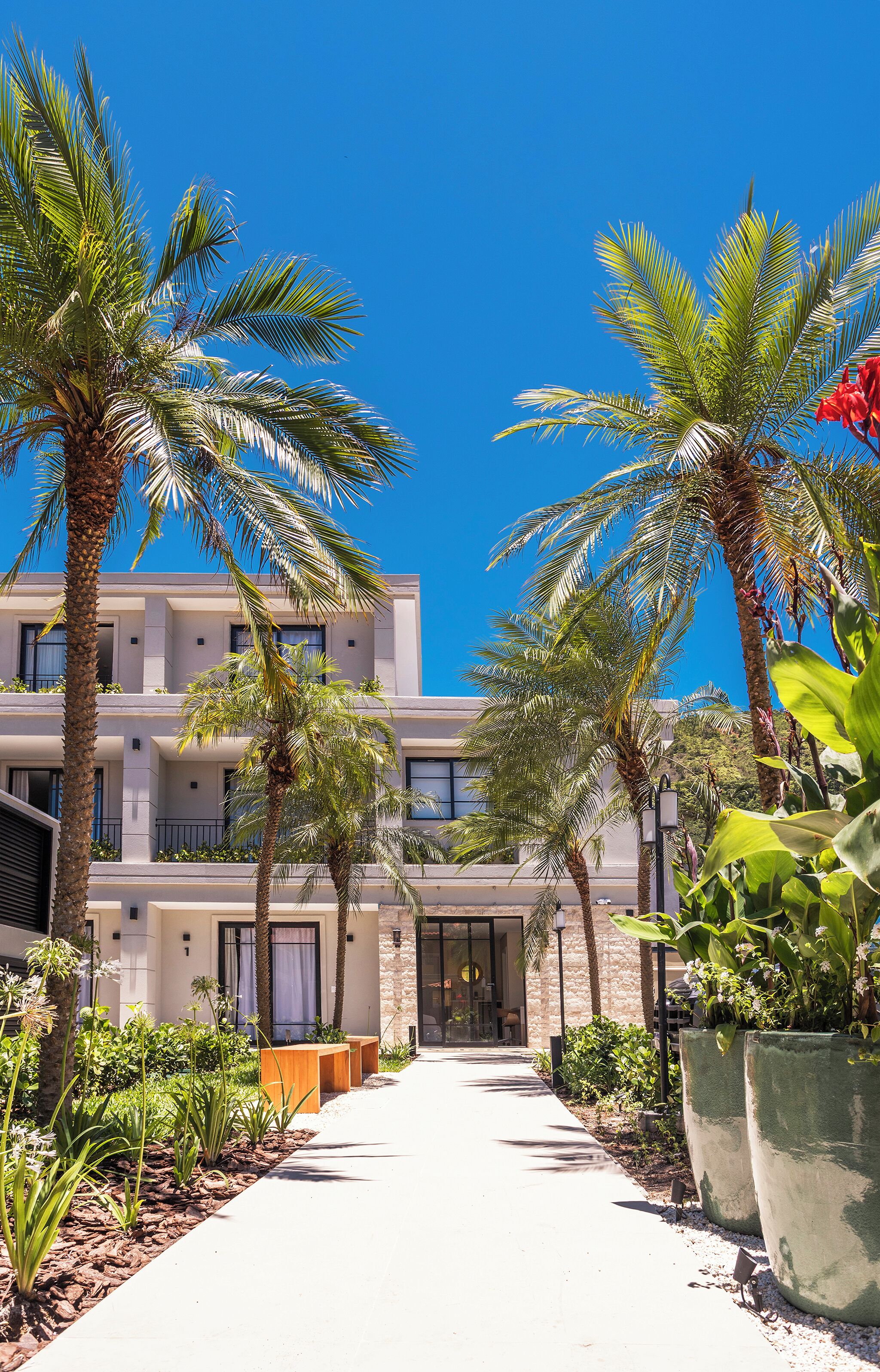 A hotel with a central pathway flanked by palm trees and planters, leading to a building with multiple balconies and a clear blue sky.