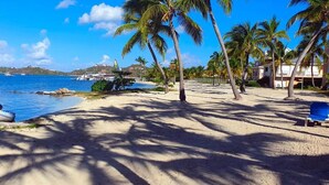 A beach with palm trees, a clear blue sky, and boats in the water. - Amazing lagoon view Condo 1br 4p (SAINT MARTIN)