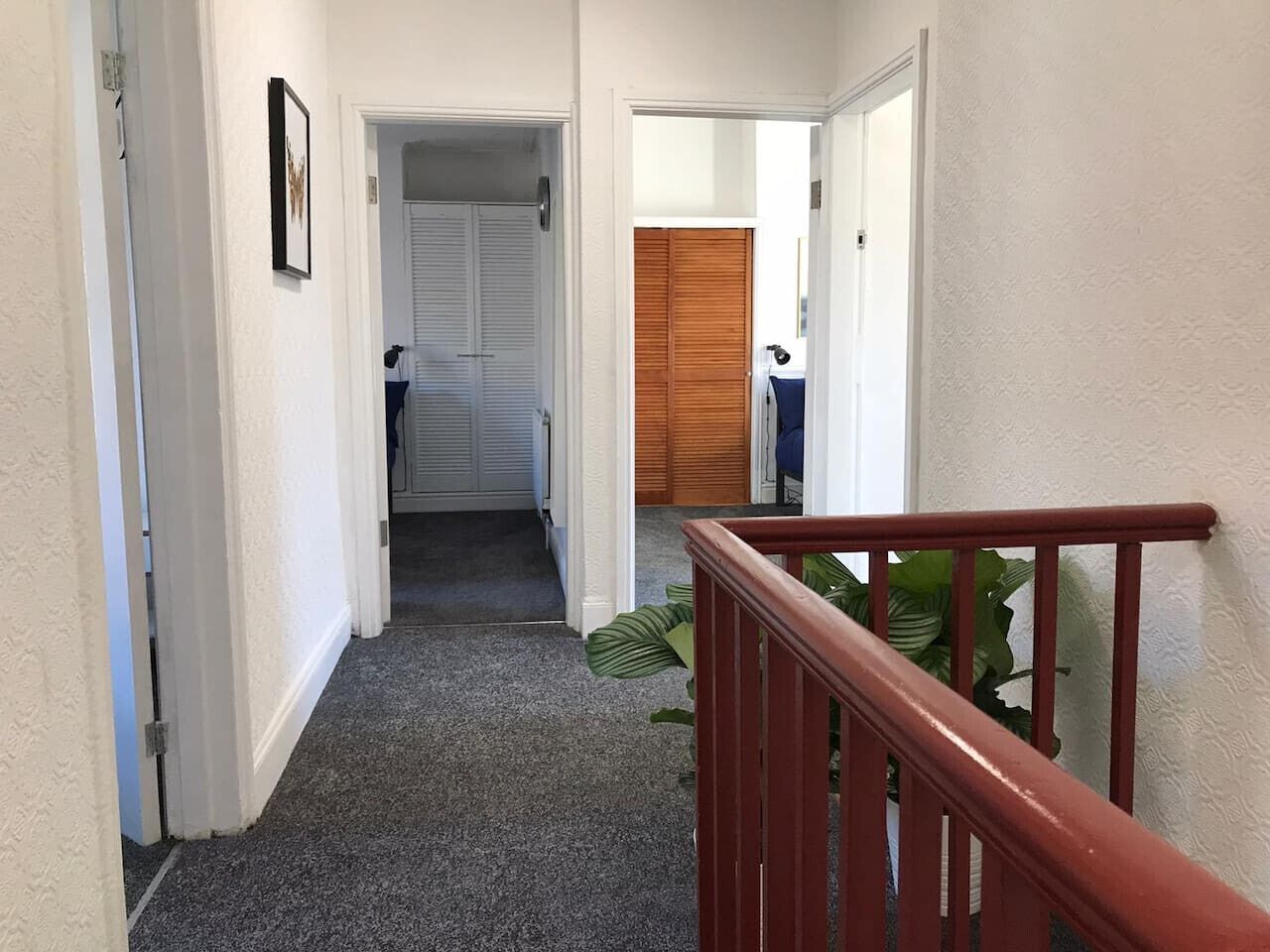 A hallway with a carpeted floor, white walls, and a wooden door at the end.