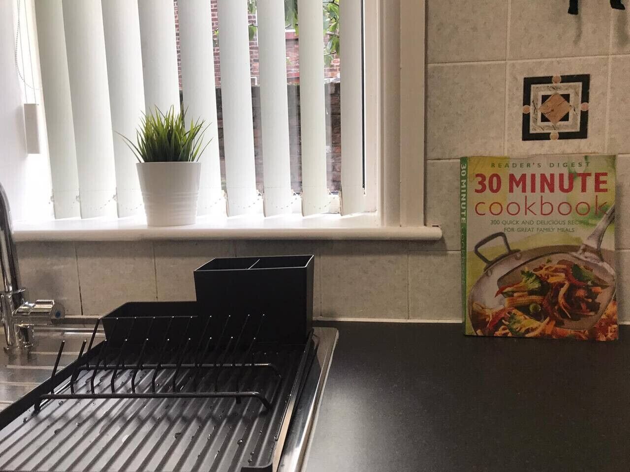 Une cuisine avec un égouttoir noir, une plante en pot et un livre de recettes intitulé « 30 recettes en 30 minutes » posé sur le comptoir.