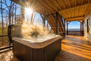 A hot tub on a wooden deck with a view of trees and mountains. - Bearly Made It- Blue Ridge GA (Blue Ridge)