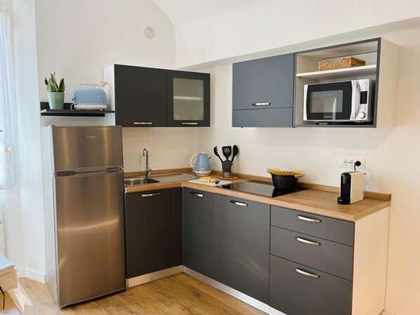 Kühlschrank, Mikrowelle, Herdplatte, Wasserkocher mit Kaffee-/Teezubehör