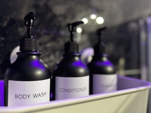 Shower, hair dryer, bidet, towels